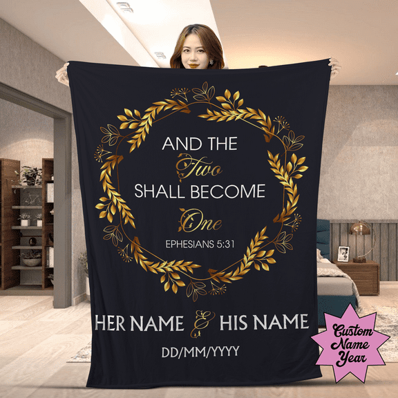 Personalized Wedding Blanket – “And The Two Shall Become One” Bible Verse – Custom Couple Names & Date Throw, Christian Anniversary Gift- Sherpa-60x80