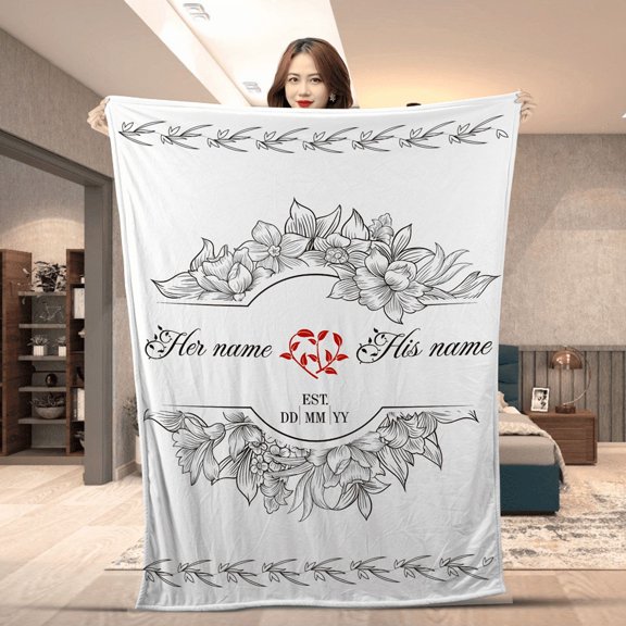 Personalized Wedding Blanket with Names & Date – Custom Anniversary Gift For Couples Floral Throw Blanket With Custom Names And Date Marriage - Sherpa -60x80