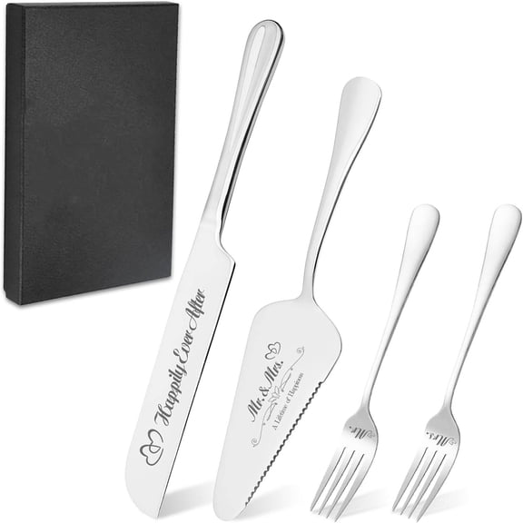 Personalized Wedding Cake Knife and Server Set, Engraved Cake Cutting Set with Stainless Steel Forks, Bridal Anniversary Birthday Wedding Registry Gifts(Non-customized)