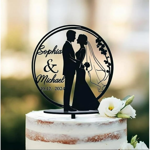 Personalized Wedding Cake Topper, Black Acrylic Circle Design, Custom Date and Names, Romantic Silhouette