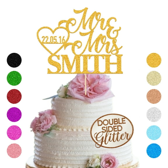 Personalized Wedding Cake Topper, Mr & Mrs Cake Topper, Wedding Anniversary Party Decoration, Multi Colors Double Sided Glitter