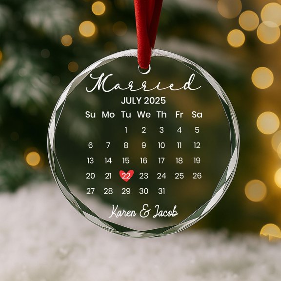 Personalized Wedding Calendar Clear Glass Ornament, Custom Names and Marriage Date Couple Keepsake