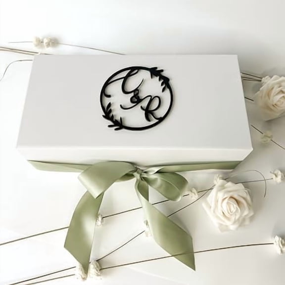 Personalized Wedding Candle Set Gift Box with Satin Ribbon, Custom Gift Box Keepsake with Bride & Groom's Initials Emblem$$Home Decor, Kitchen, & Other