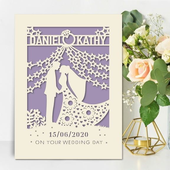 Personalized Wedding Card, Elegant Bride and Groom Silhouettes,Congratulations On the Wedding Day,Color Paper Inlay for Blessing Handwriting