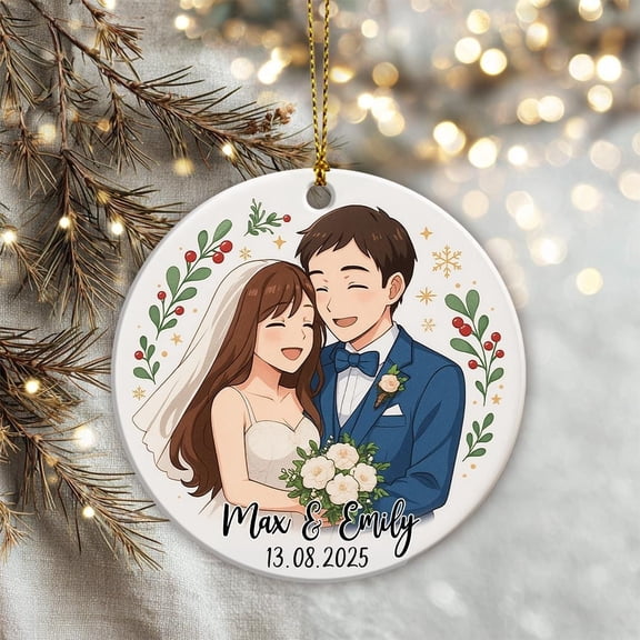 Personalized Wedding Couple Ceramic Ornament – Custom Bridal Portrait Christmas Keepsake with Names & Wedding Date Gift for Newlyweds