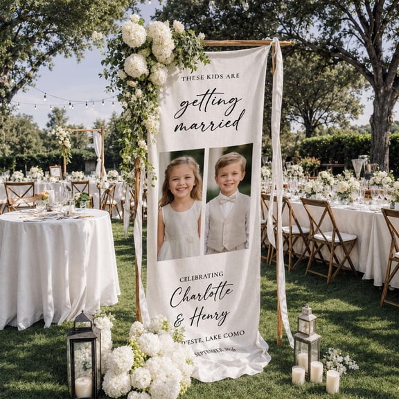Personalized Wedding Linen Banner, Custom Photo Fabric Backdrop for Beach Wedding Decor