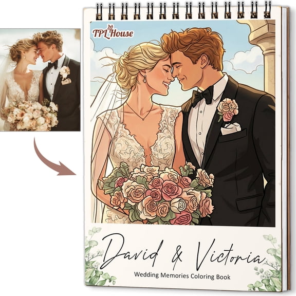 Personalized Wedding Memory Coloring Book for Adults Custom Coloring Pages from Your Wedding Photos , 1248 Pages, Memory Keepsake Gift, Premium Wooden Cover, Spiral Binding