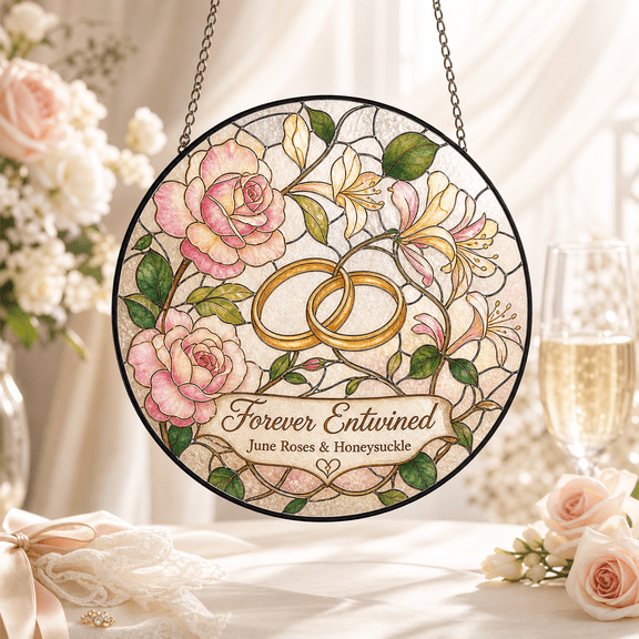 Personalized Wedding Rings Stained Glass Suncatcher with June Roses & Honeysuckle