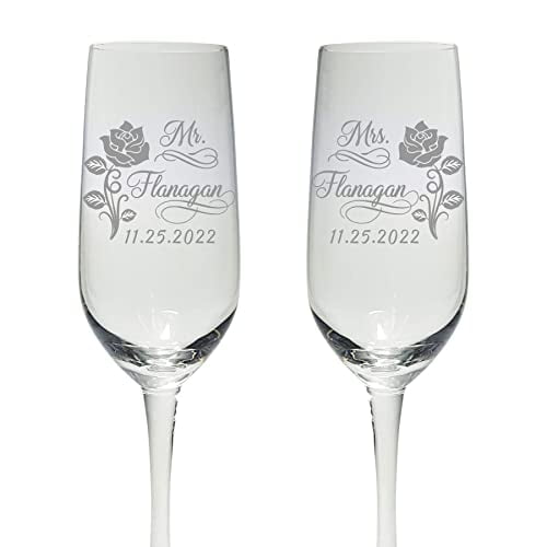 Personalized Wedding Toast Champagne Glasses for Groom and   Engraved with Mr and Mrs Last Name Date and Rose Design Wedding Gift set of 2