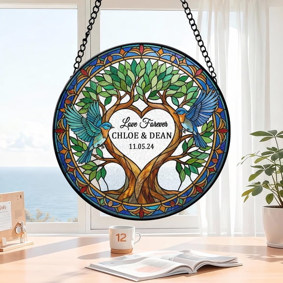 Personalized Wedding Tree Faux Stained Glass Acrylic Suncatcher, Custom Window Hanging Decor, Wedding Anniversary Gift