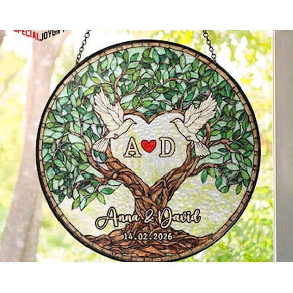 Personalized Wedding Tree Glass, Custom Names & Date, Wedding Anniversary Tree Window Hanging, Perfect Wedding Gift Bride Groom, 3.5 in