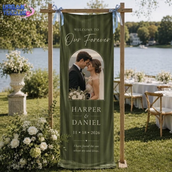 Personalized Wedding Welcome Banner, Custom Photo Satin Sign with Frame for Couple Portrait Reception Decor