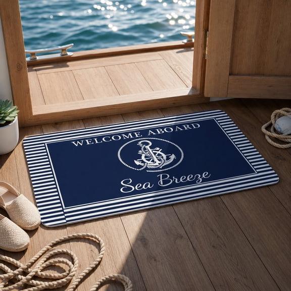 Personalized Welcome Aboard Doormat Custom Boat Name Nautical Anchor Navy Blue Non-Slip Mat – 2 Sizes