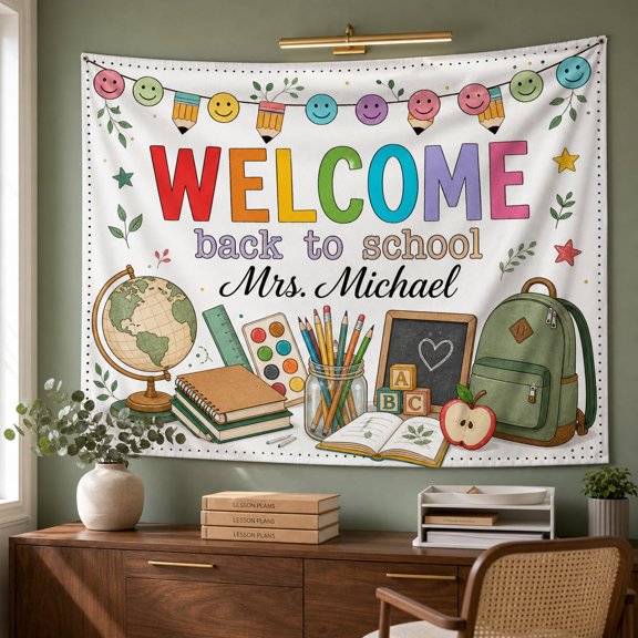 Personalized Welcome Back To School Teacher Tapestry, Classroom Wall Banner Decor