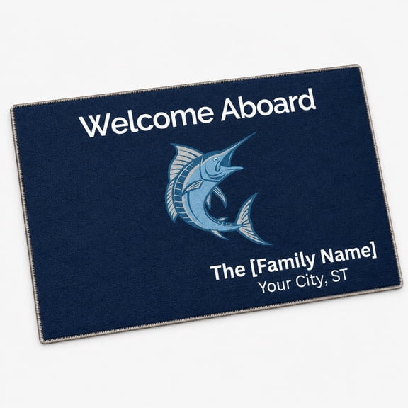 Personalized Welcome Doormat, Custom Name Nautical Marlin Indoor Outdoor Non-Slip Floor Mat, Navy Blue Entryway Rug for Front Door, Made in USA