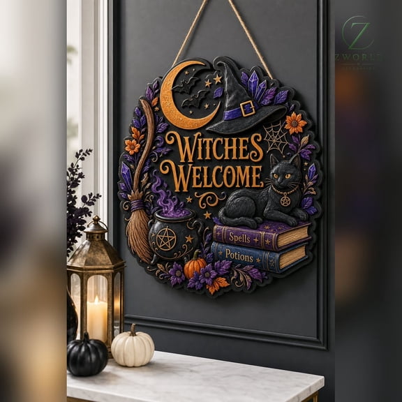 Personalized Welcome Sign Witches Wooden Door Hanger Porch Decor Halloween