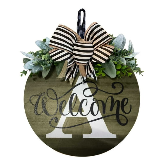 Personalized Welcome Wreath Plaque | 30x30cm Front Door Hanging Sign | Customizable Letter | Year-Round Home Decor with Ribbon
