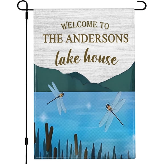 Personalized Welcome to the Lake Flag 12X18 Double Sided,Customized Dragonfly Lake House Garden Flag Yard Outdoor Decoration, river blue