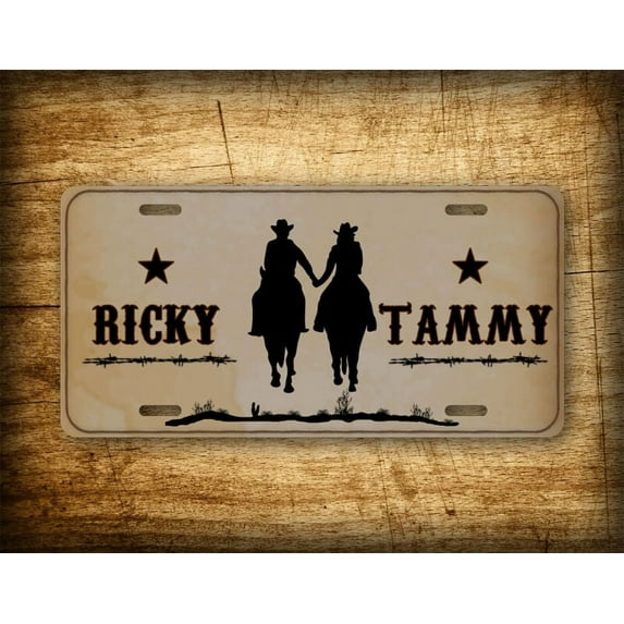 Personalized Western Cowboy Couple License Plate Cowgirl Holding Hands Horse Tag - Aluminum ( 12 inch x 6 inch )