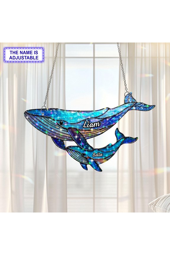 Personalized Whale Family Acrylic Suncatcher, Custom Name 2D Flat Window Hanging Decor, Ocean Lover Gift