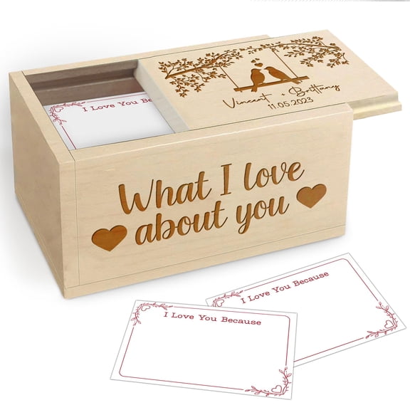 Personalized 'What I Love About You' Wooden Memory Box – Custom Engraved with Names & Date, Includes 150 Cards for Love Notes, Perfect for Anniversaries and Special Occasions