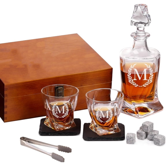 Personalized Whiskey Decanter 28 oz Twisted Whiskey Decanter Set for Liquor Vodka Brandy or Mouthwash Bottle Set for Him, Dad - Premium Set Includes Whiskey Stones (M)