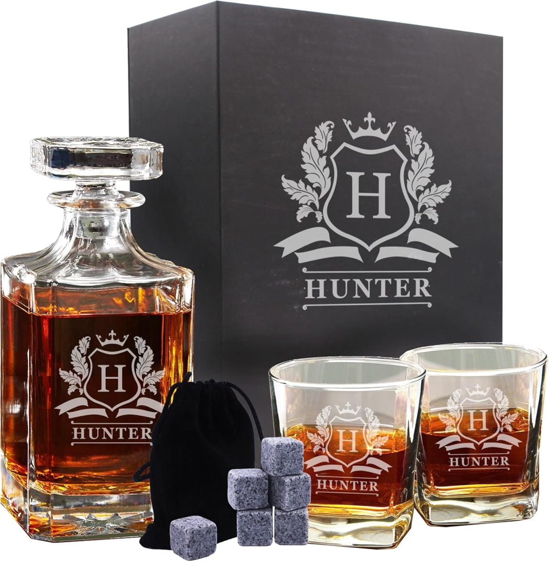 Personalized Whiskey Decanter Set With Glasses - Custom Monogram Engraved Wedding & Groomsman Gift, 23 Oz Decanter In Wood Box