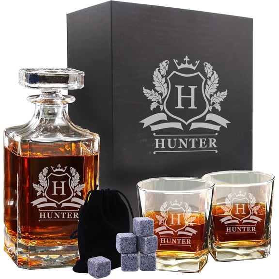 Personalized Whiskey Decanter and Glasses Set - Custom Monogrammed with Cavalier Design