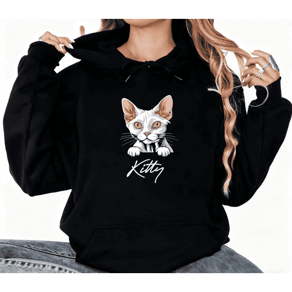 Personalized White Cat "Kitty" Graphic Regular Fit Tee T-Shirt Print Top Hooded long-sleeved Black S-2XL