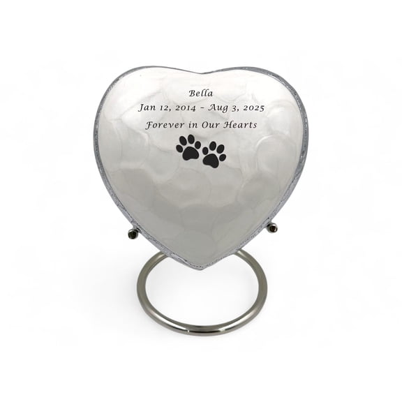 Personalized White Heart Pet Urn with Stand  30 Cubic Inches