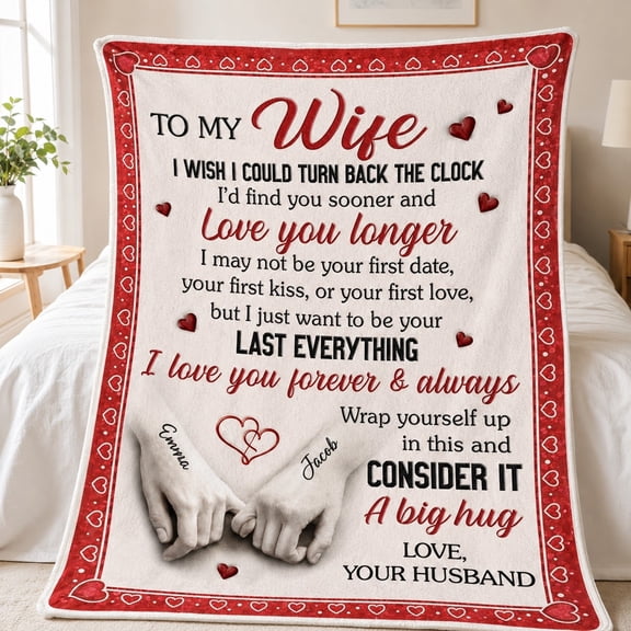 Personalized Wife Fleece Blanket, Custom Name Love Message Throw, 280gsm Polyester Fleece, Anniversary Gift