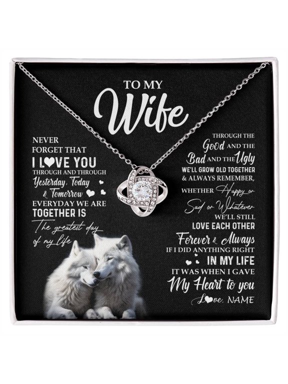 Personalized To My Wife Necklace From Husband Wolf Never Forget That I Love You Wife Wedding Anniversary Birthday Christmas Customized Gift Box Message Card, White Love Knot Necklace