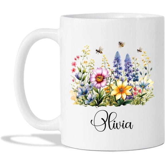 Personalized Wildflowers Coffee Mug Custom Name Text Logo Sublimation Printed Garden Pottery Cup 11oz 15oz Custom Color Wildflowers Tea Coffee Cup Wed
