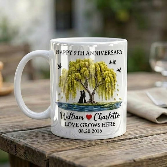 Personalized Willow 9th Anniversary Mug, Romantic Coffee Cup, Meaningful Couple Gift