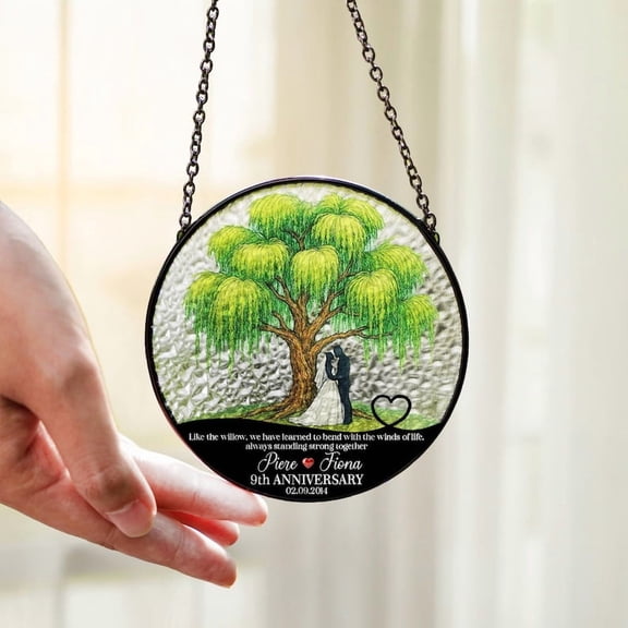 Personalized Willow Tree Stained Glass Suncatcher, Custom 9th Anniversary Window Hanging, Romantic Anniversary Ornament, Love Keepsake Gift for Couples