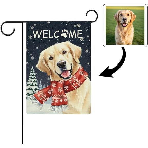 Personalized Winter Garden Flag with Pet Photo, Custom Snowman Yard Flag with Your Picture and Text, 12x18 Inch Outdoor Decor