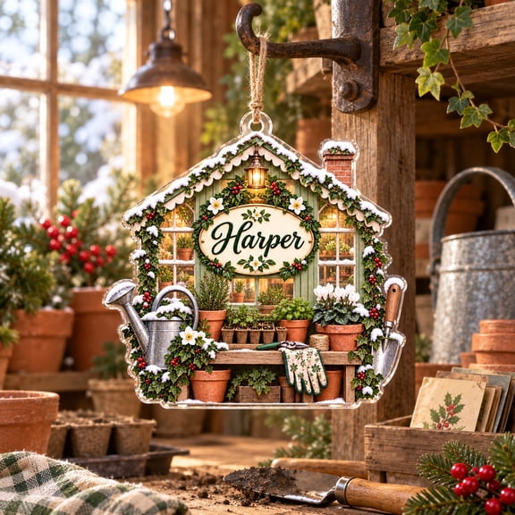 Personalized Winter Potting Shed Gardening Acrylic Ornament for Gardener Gift