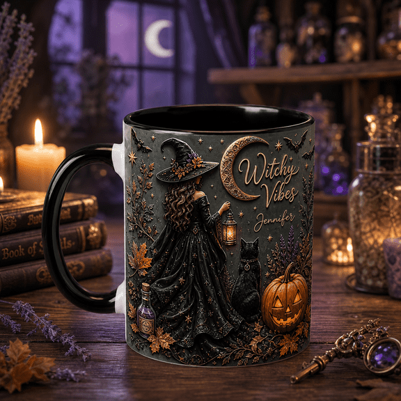 Personalized Witch Black Cat Pumpkin Ceramic Coffee Mug Halloween Gift 11oz 15oz