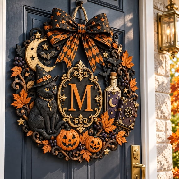 Personalized Witch Cat Potion Bottle Door Hanger, Custom Wooden Family Letter Monogram Decor for Halloween Front Door