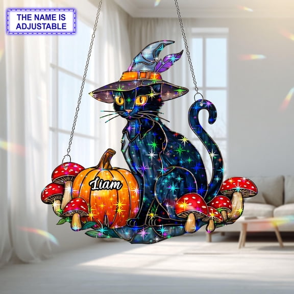 Personalized Witch Cat Pumpkin Acrylic Suncatcher, Custom Name Holographic Window Hanging Decor, Halloween Home Decor