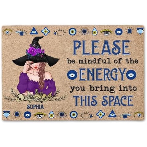 Personalized Witch Doormat - Please Be Mindful of The Energy You Bring Into This Space - Halloween Welcome Mat, Non-Slip Rubber Base, Indoor Outdoor Decor (24x16, 30x18)$$Garden &