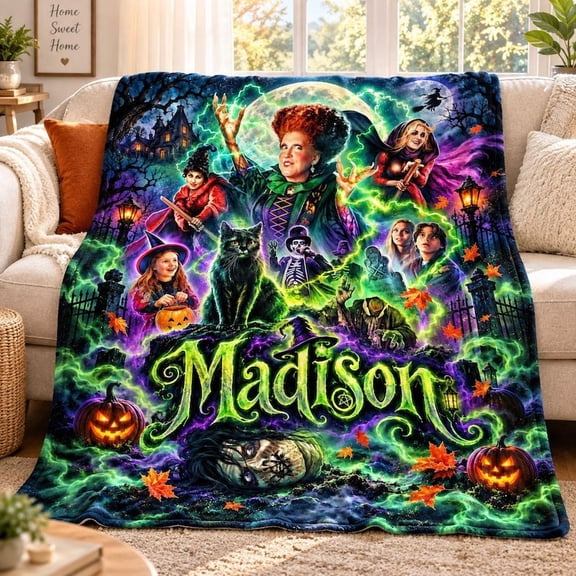 Personalized Witch Sisters Halloween Flannel Fleece Blanket, Custom Name Spooky Magic Throw