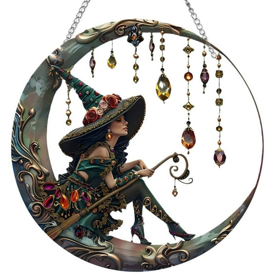 Personalized Witch Window Hanging Suncatcher Ornament, Beautiful Witch Suncatcher Ornament, Multi-Colored Acrylic Moonlit Witch Crystal Pendant for Wall or Window Decoration
