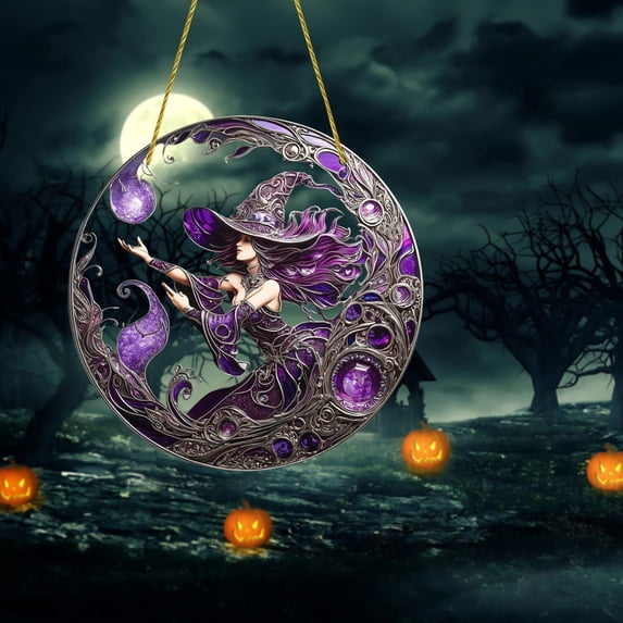 Personalized Witch Window Hanging Suncatcher Ornament, Beautiful Witch Suncatcher Ornament, Multi-Colored Acrylic Moonlit Witch Crystal Pendant for Wall or Window Decoration