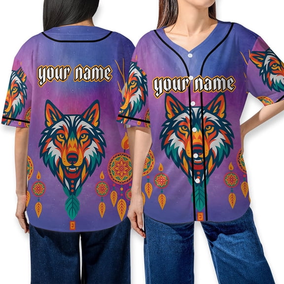 Personalized Wolf Baseball Jersey Shirt Unisex, Custom Tribal Dreamcatcher Spirit Animal Top, Native Style Button Up Baseball Shirt Gift for Men and Women
