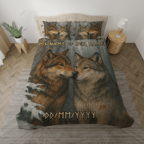 Personalized Wolf Couple Bedding Set – Custom His & Her Name with Date – Romantic Forest Wolves Design Bed Set