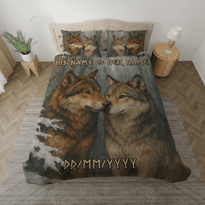 Personalized Wolf Couple Bedding Set – Custom His & Her Name with Date – Romantic Forest Wolves Design Bed Set