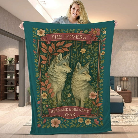 Personalized Wolf Couple The Lovers Blanket - Custom Name & Year, Romantic Floral Wolves Fleece & Sherpa - Anniversary, Valentine's Day Gift For Couples & Spouses Throw Blanket