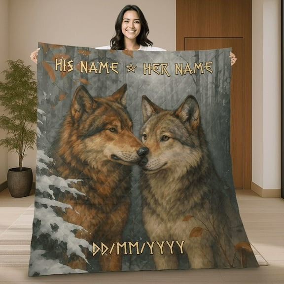 Personalized Wolf Couple Quilt Blanket – Custom Names & Date – Romantic Gift for Couples, Anniversary, Valentine’s Day, Birthday Quilt - Gift for Him and Her Blanket