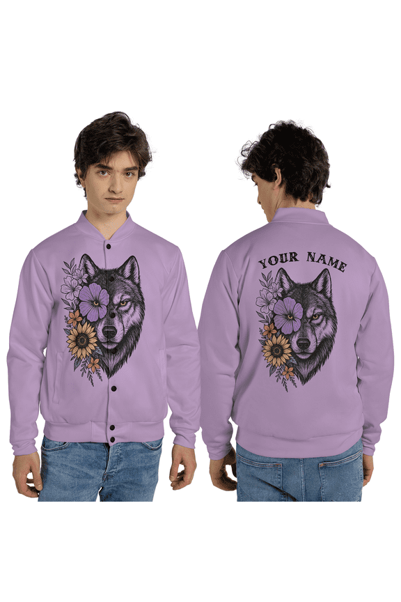Personalized Wolf Floral Baseball Jacket, Custom Name Wildlife Baseball Jacket, Nature Animal Art Jacket Valentine Gift